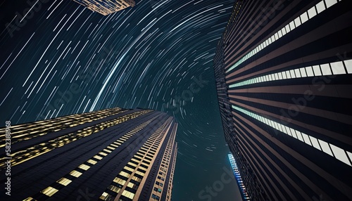 Upward view from bellow to high rise skyscrapers building under beautiful night sky with stars trails, big sleeping city downtown with tall corporate business buildings, generative AI