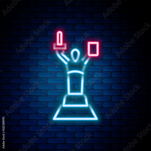 Glowing neon line Mother Motherland monument in Kiev, Ukraine icon isolated on brick wall background. Colorful outline concept. Vector