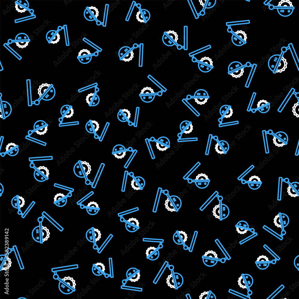 Line Table saw for woodwork icon isolated seamless pattern on black background. Power saw bench. Vector Line Table saw for woodwork icon isolated seamless pattern on black background. Power saw bench. Vector