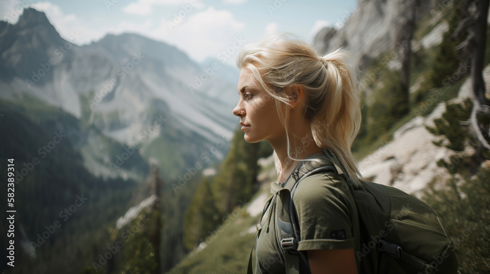 young woman hiking in the mountains, generative ai