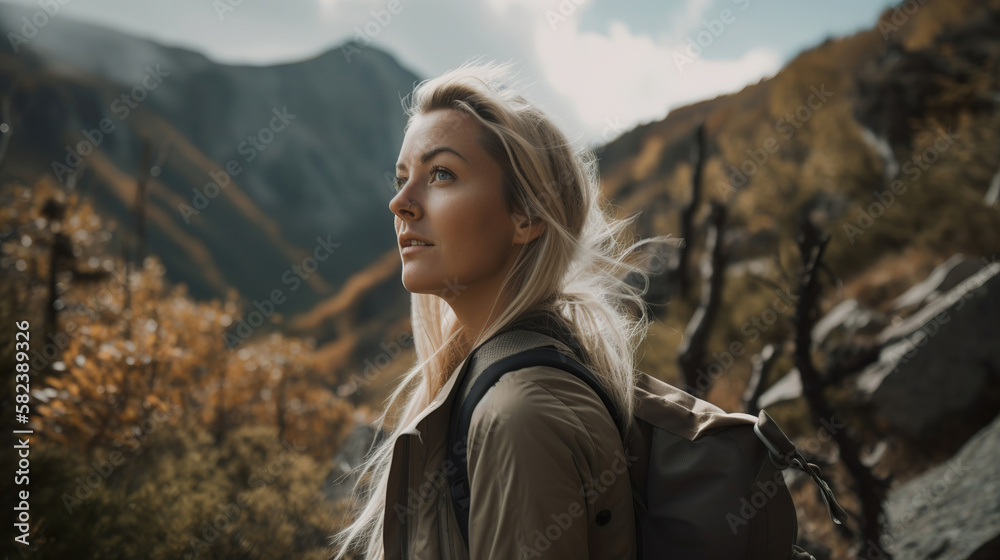 young woman hiking in the mountains, generative ai