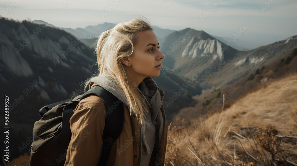 young woman hiking in the mountains, generative ai