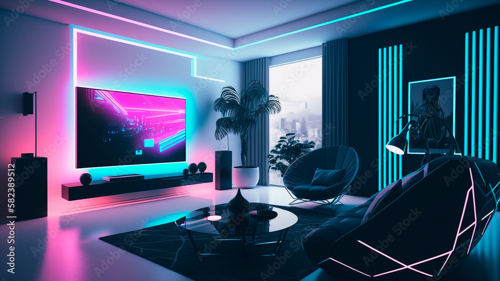 Modern Living Room Interior with Sofa and Television with Neon Lights, Futuristic Decor, Generative AI Modern Living Room Interior with Sofa and Television with Neon Lights, Futuristic Decor, Generative AI