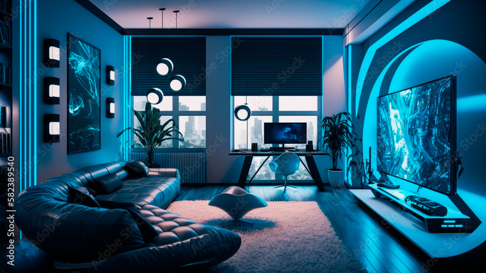 Modern Living Room Interior with Sofa and Television with Neon Lights, Futuristic Decor, Generative AI