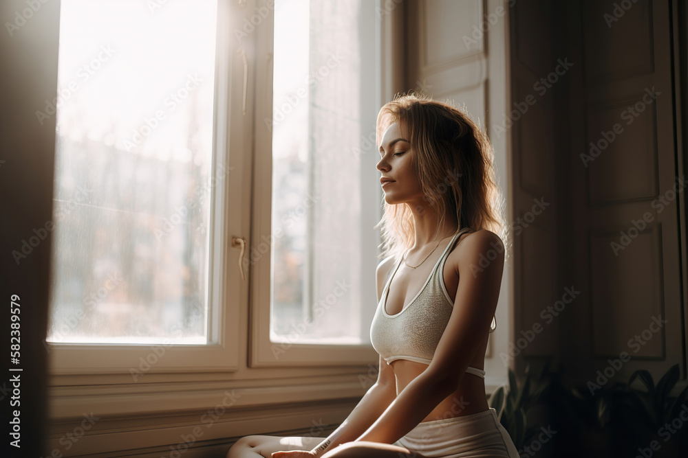 beautiful young woman doing relaxing yoga meditation exercise, generative ai beautiful young woman doing relaxing yoga meditation exercise, generative ai
