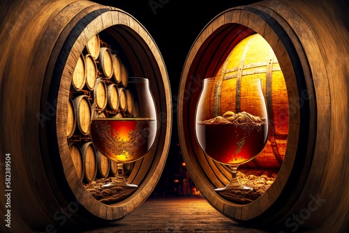beer ale and mead fermentation in wooden wine barrels, created with generative ai