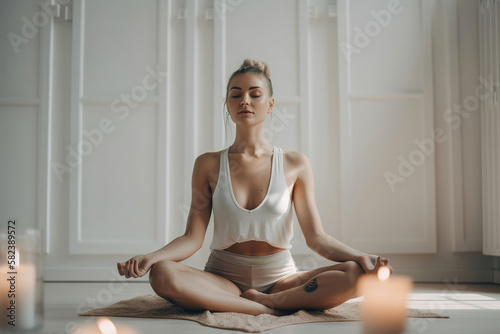 beautiful young woman doing relaxing yoga meditation exercise, generative ai