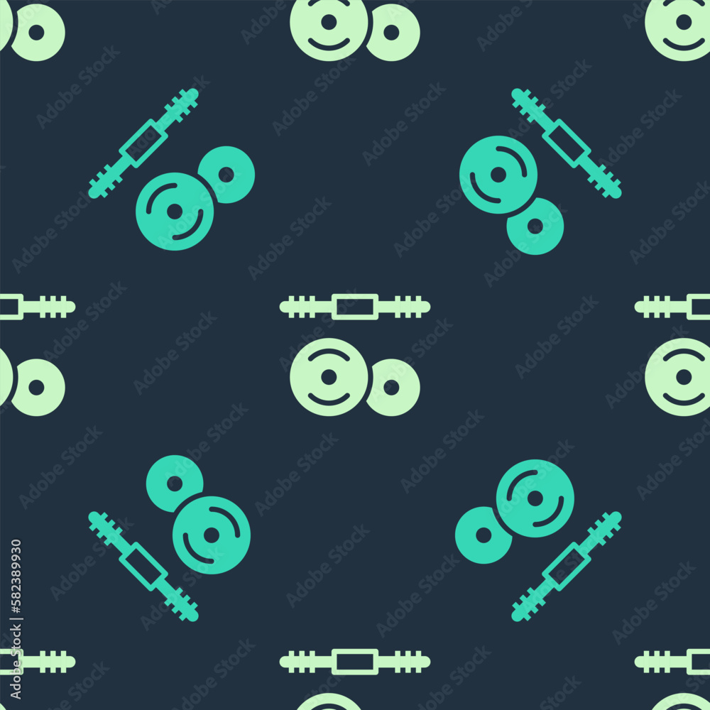 Green and beige Barbell icon isolated seamless pattern on blue background. Muscle lifting icon, fitness barbell, gym, sports equipment, exercise bumbbell. Vector