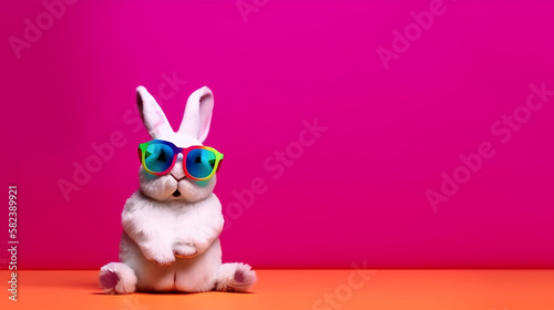 Cool bunny with sunglasses on colorful background. Generative AI