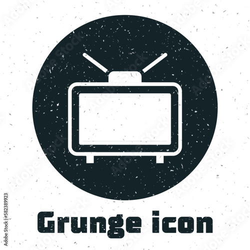 Grunge Football soccer match on TV icon isolated on white background. Football online concept. Monochrome vintage drawing. Vector