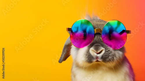 Cool bunny with sunglasses on colorful background. Generative AI