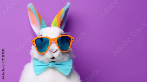 Cool bunny with sunglasses on colorful background. Generative AI
