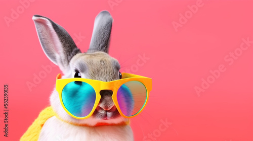 Cool bunny with sunglasses on colorful background. Generative AI