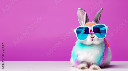 Cool bunny with sunglasses on colorful background. Generative AI