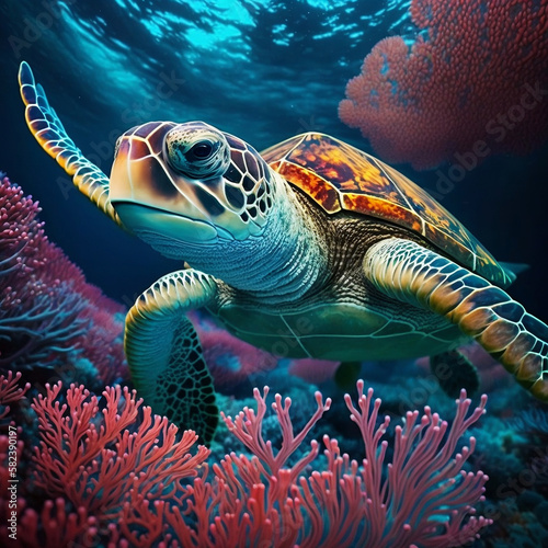 A sea turtle swimming through the colorful coral reefs of the wild Pacific Ocean's underwater world. © Happymoon