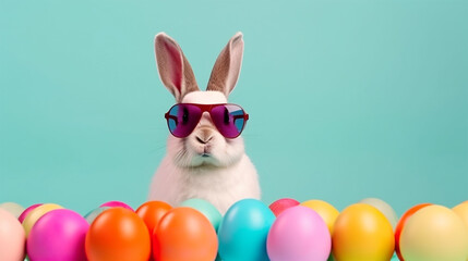 Cool bunny with sunglasses on colorful background. Generative AI