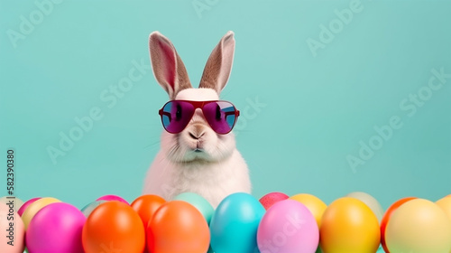 Cool bunny with sunglasses on colorful background. Generative AI