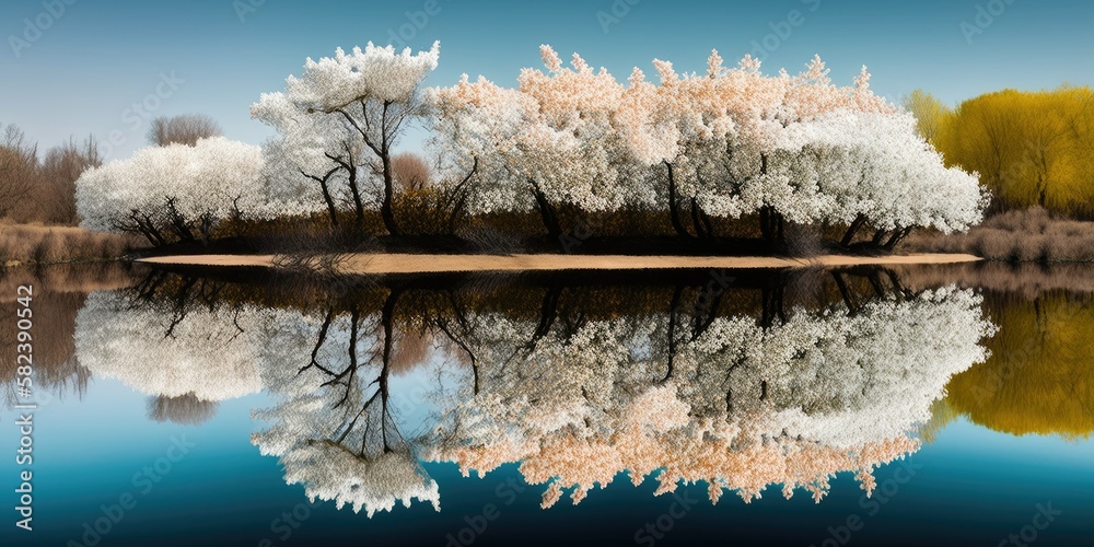 Fotografie "Tranquil Spring Blossom Reflections on Glassy Lake" (Generative AI)