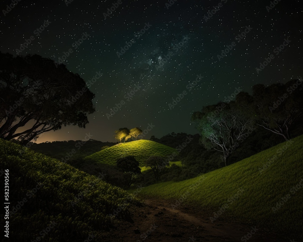 Fotografie "Night sky fireflies over rolling hills" (Generative AI)