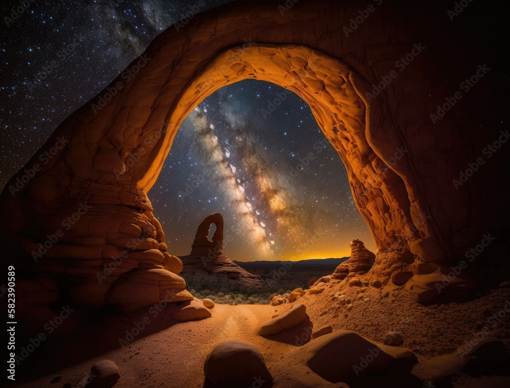 Fotografie Starlit Sandstone Arch Under Night Sky (Generative AI)