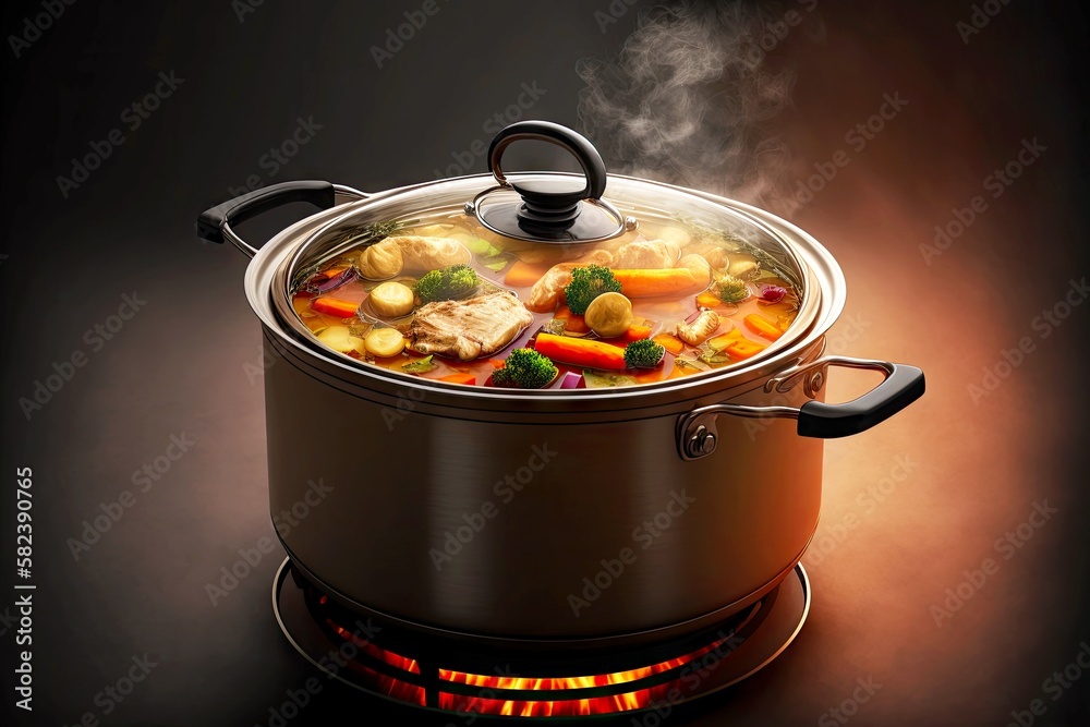 homemade food cooking in slow cooker pan steel pot on gas burner, created with generative ai - obrazy, fototapety, plakaty 