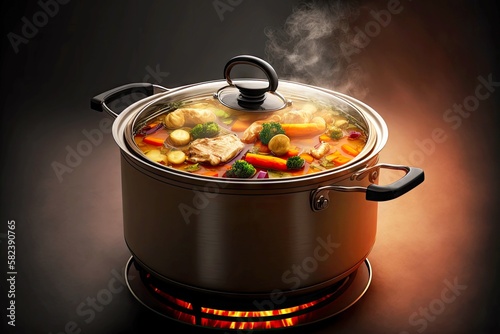 homemade food cooking in slow cooker pan steel pot on gas burner, created with generative ai
