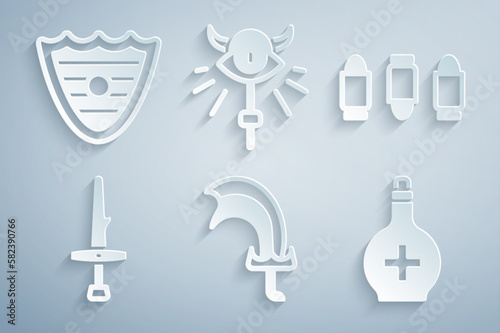 Set Sword for game, Bullet, Dagger, Bottle with potion, Magic staff and Shield icon. Vector