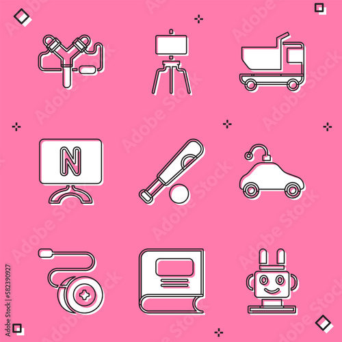 Set Slingshot, Wood easel, Toy truck, Smart Tv, Baseball bat with ball, Radio controlled car toy, Yoyo and Book icon. Vector