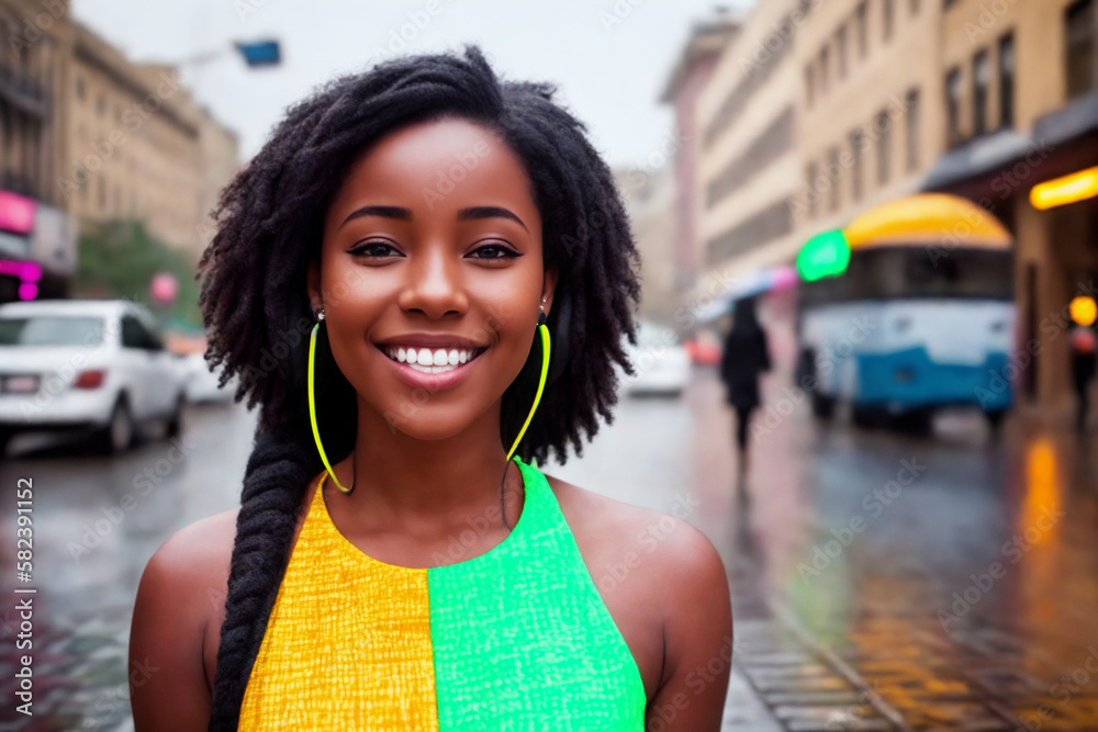 Portrait of a beautiful girl in headphones, rainy city street as a background. Generative AI.