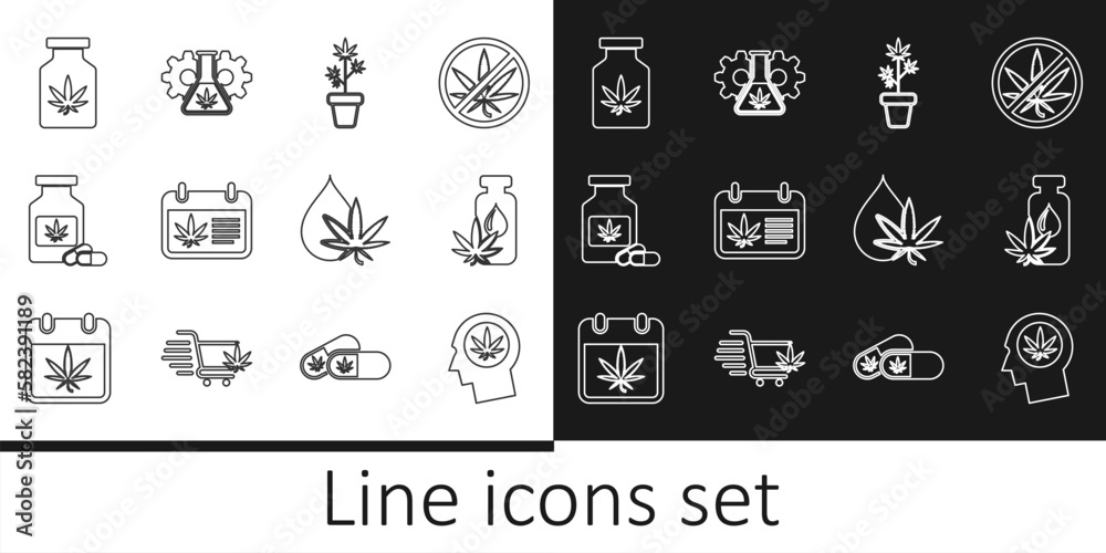 Set line Head in profile with marijuana, Marijuana or cannabis leaf oil, plant pot, Calendar and, Medical bottle, and Test tube icon. Vector