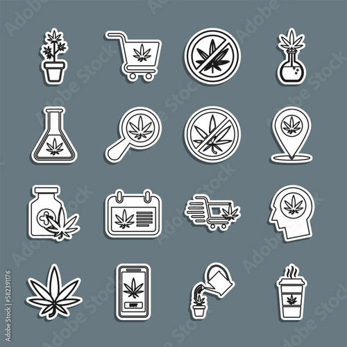 Set line Cup coffee with marijuana, Head in profile, Location and, Stop, Magnifying glass, Test tube, Marijuana plant pot and icon. Vector