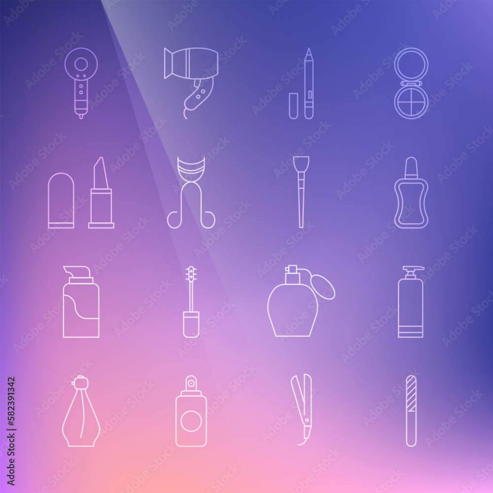 Set line Nail file, Cream cosmetic tube, polish bottle, Eyeliner, eyebrow, Eyelash curler, Lipstick, Hair dryer and Makeup brush icon. Vector Set line Nail file, Cream cosmetic tube, polish bottle, Eyeliner, eyebrow, Eyelash curler, Lipstick, Hair dryer and Makeup brush icon. Vector