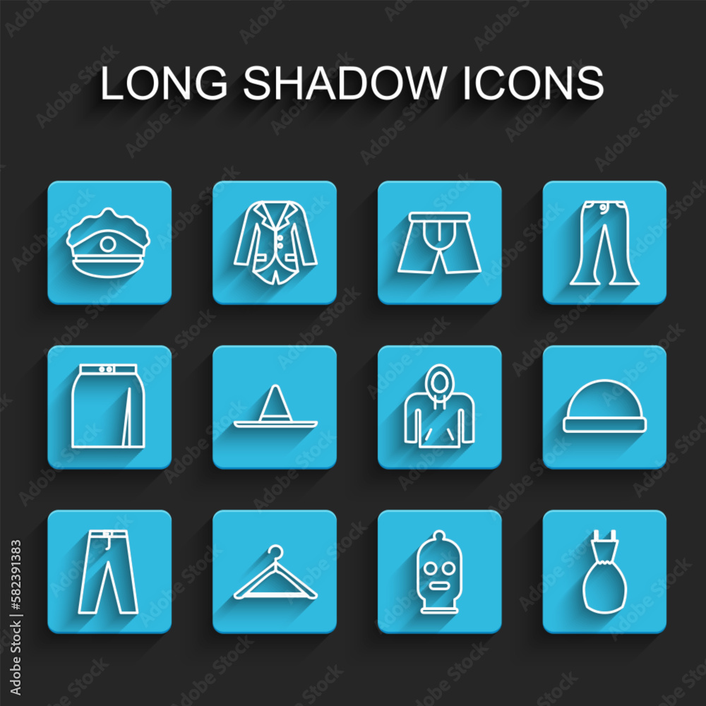 Set line Pants, Hanger wardrobe, Police cap with cockade, Balaclava, Woman dress, Gardener worker hat, Beanie and Hoodie icon. Vector Set line Pants, Hanger wardrobe, Police cap with cockade, Balaclava, Woman dress, Gardener worker hat, Beanie and Hoodie icon. Vector