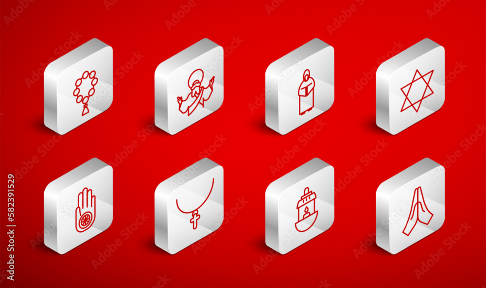 Set line Hands in praying position, Jesus Christ, Monk, Star of David, Ramadan Kareem lantern, Rosary beads religion, Christian cross chain and Jainism or Jain Dharma icon. Vector Set line Hands in praying position, Jesus Christ, Monk, Star of David, Ramadan Kareem lantern, Rosary beads religion, Christian cross chain and Jainism or Jain Dharma icon. Vector