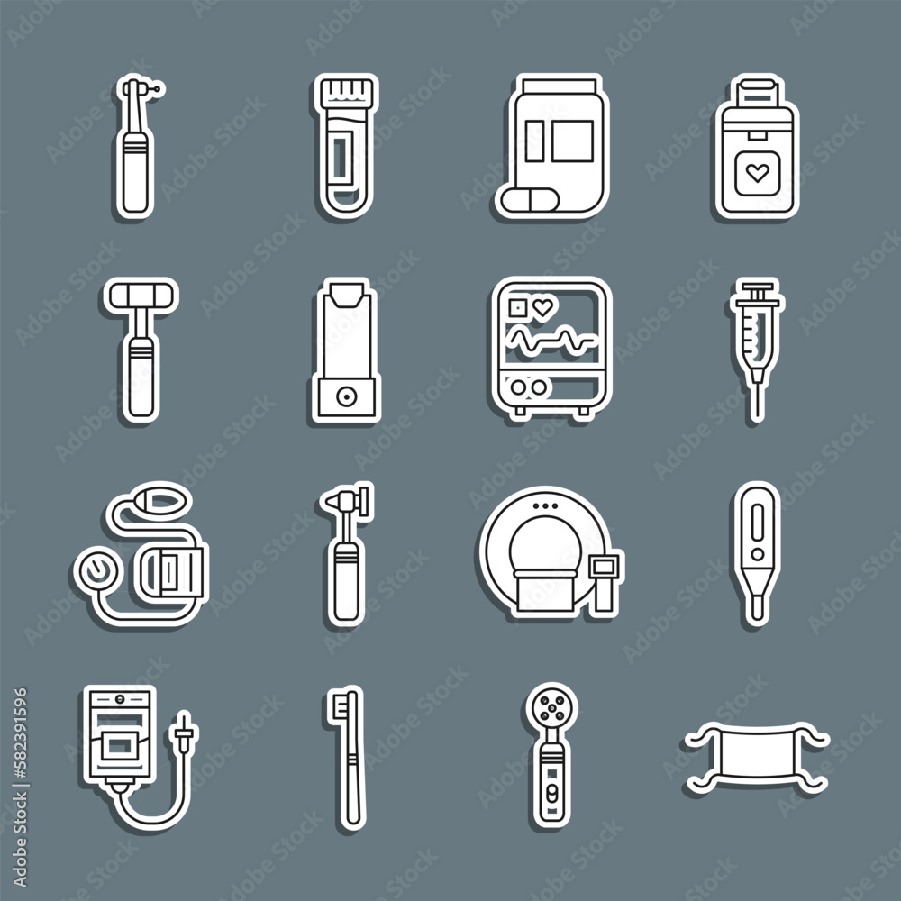 Set line Medical protective mask, digital thermometer, Syringe, Medicine bottle and pills, Inhaler, Neurology reflex hammer, Tooth drill and Monitor with cardiogram icon. Vector Set line Medical protective mask, digital thermometer, Syringe, Medicine bottle and pills, Inhaler, Neurology reflex hammer, Tooth drill and Monitor with cardiogram icon. Vector