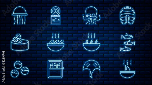 Set line Shark fin soup, Fishes, Octopus, Tin can with caviar, Jellyfish, Soup shrimps and Canned icon. Vector