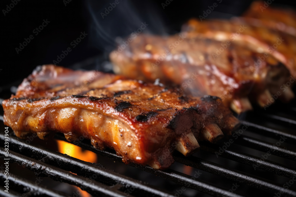 Hot grilled spare ribs with barbecue sauce with fire . AI generative