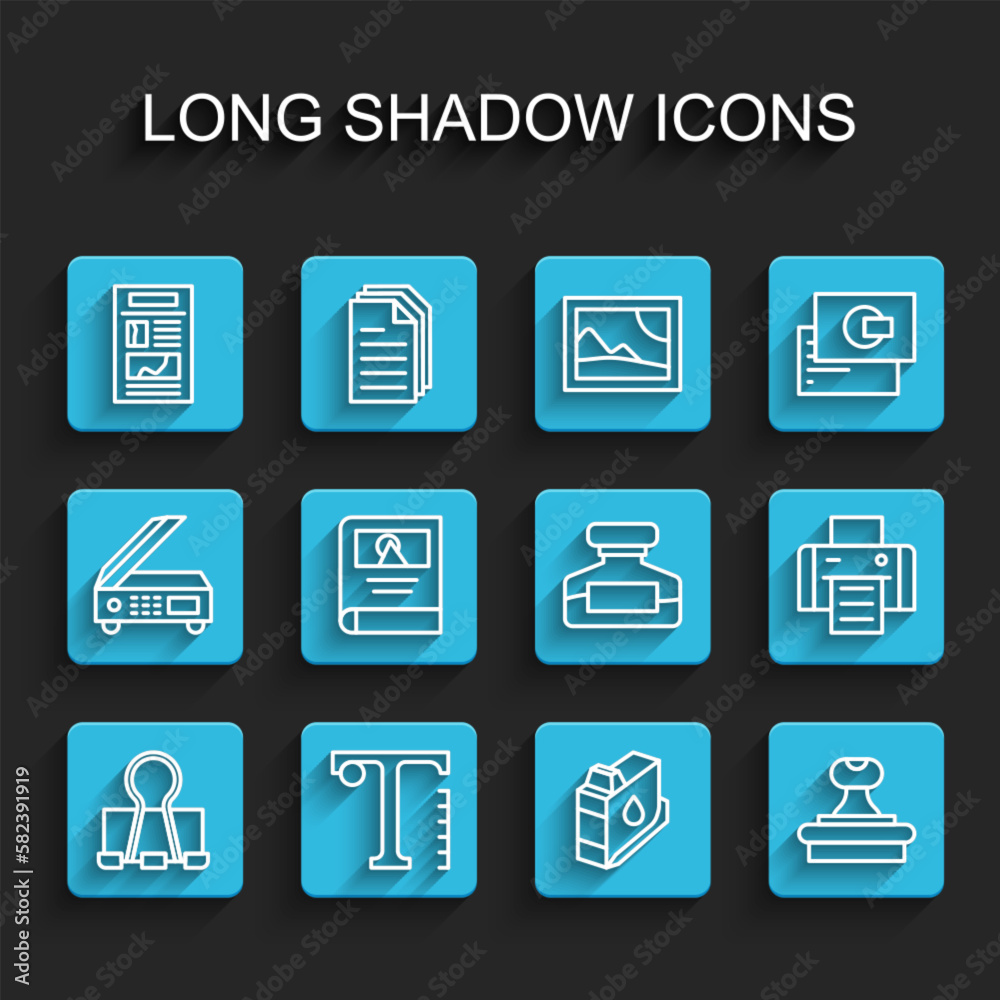 Set line Binder clip, Text, News, Printer ink cartridge, Stamp, Photo album gallery, and Ink bottle icon. Vector Set line Binder clip, Text, News, Printer ink cartridge, Stamp, Photo album gallery, and Ink bottle icon. Vector