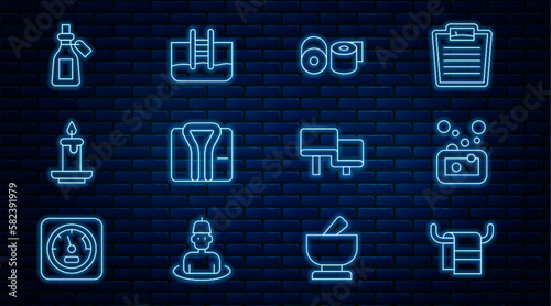 Set line Towel on a hanger, Bar of soap, Toilet paper roll, Bathrobe, Aroma candle, Essential bottle, Sauna wood bench and Swimming pool with ladder icon. Vector
