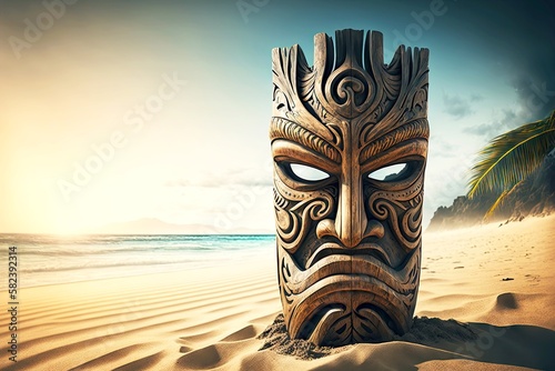 Obraz na płótnie wooden polynesian tiki mask on sandy beach by sea, created with generative ai w salonie