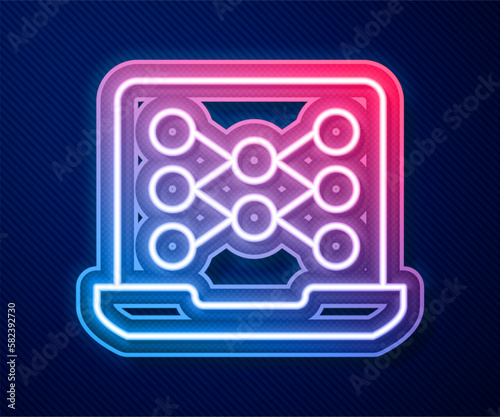 Glowing neon line Neural network icon isolated on blue background. Artificial intelligence AI. Vector