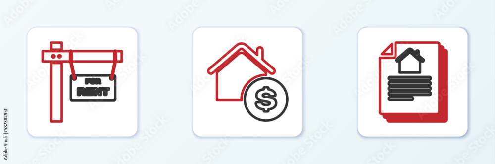 Set line House contract, Hanging sign with For Rent and dollar icon. Vector Set line House contract, Hanging sign with For Rent and dollar icon. Vector