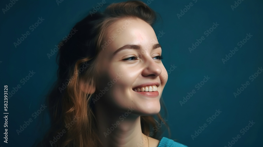portrait of a smiling happy young woman on blue background, generative ai portrait of a smiling happy young woman on blue background, generative ai