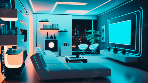 Modern Living Room Interior with Sofa and Television with Neon Lights, Minimalist Decor, Generative AI