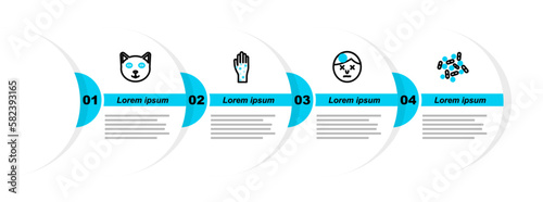 Set line Medicine pill or tablet, Man having headache, Hand with psoriasis eczema and Pet icon. Vector