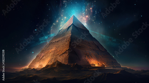 magical great pyramid with fantasy night sky, generative ai photo