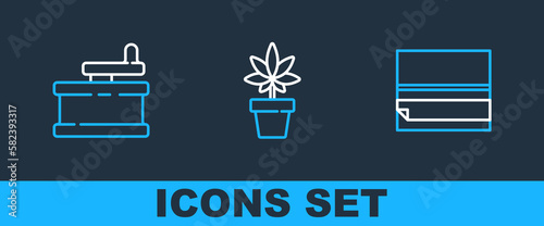 Set line Rolling paper, Manual grinder and Marijuana or cannabis plant icon. Vector