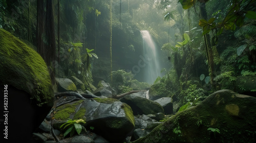waterfall in the lush tropical jungle rainforest  generative ai