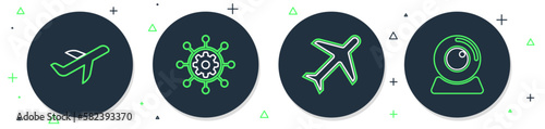 Set line Project management, Plane, and Web camera icon. Vector