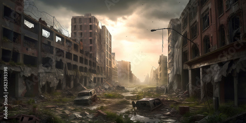 Post-apocalyptic ruined city. Destroyed abandoned buildings, destroyed roads, collapsed skyscrapers. overgrown by the nature, generative ai